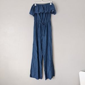 Blue Chambray Off the Shoulder Ruffled Jumpsuit